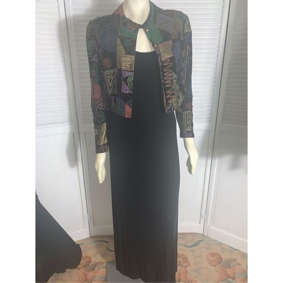 Vintage Two Piece Black Spandex Maxi Dress Abstract cropped Cardigan Sm/Med - Picture 1 of 13